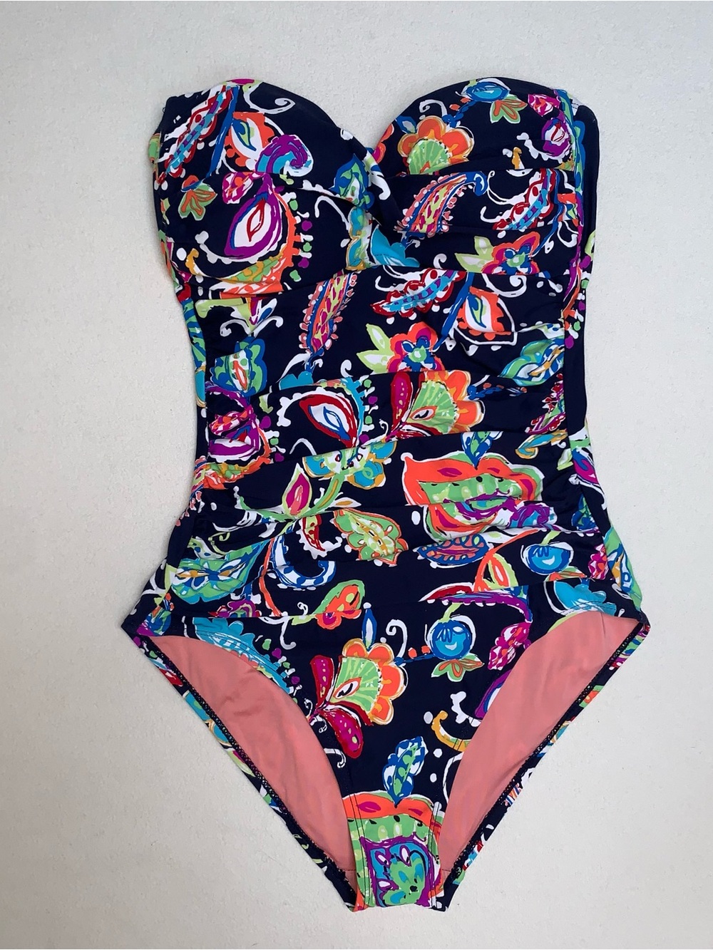 Anne Cole Strapless Paisley Navy One Piece Ruching Sexy Slimming Swim Sz 6